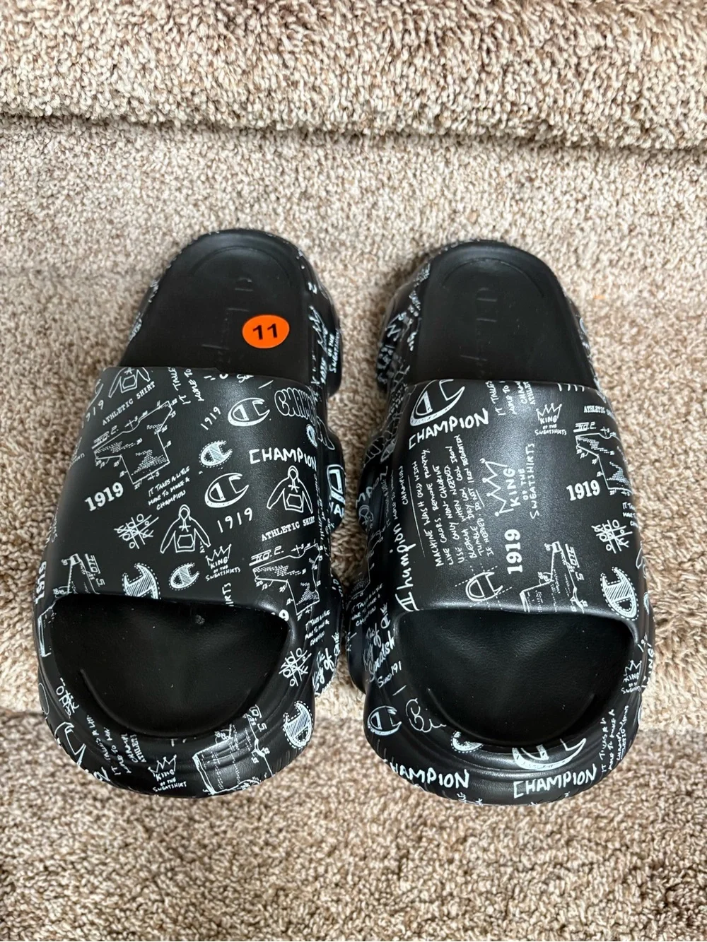 Champion Men’s Black Platform Slides with White Graphic Logo Print